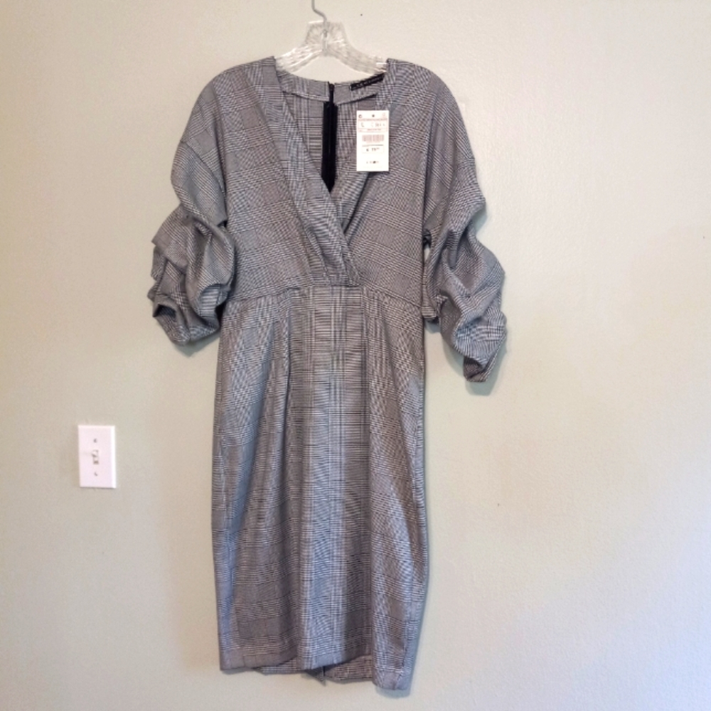 NWT- FXJC Woman Puff Sleeve Houndstooth Dress, Mock Wrap, Pencil Skirt, Pinup